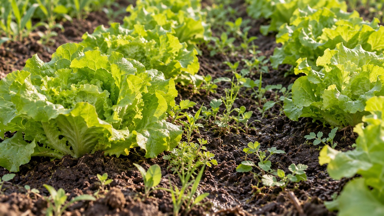 Malas hierbas pequeñas creciendo entre lechugas establecidas en un huerto