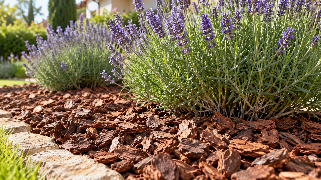 Capa uniforme y profunda de corteza alrededor de plantas de lavanda