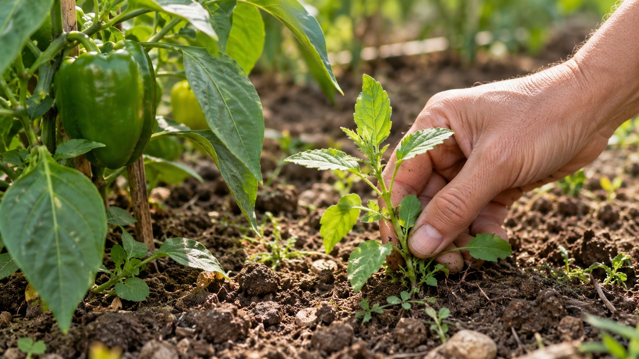 Mano examinando una hierba joven antes de retirarla junto a una planta de pimiento