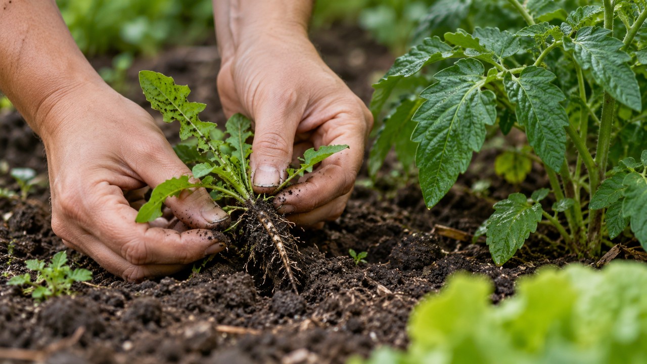 Extracción manual de una hierba en suelo ligeramente húmedo junto a una planta sana