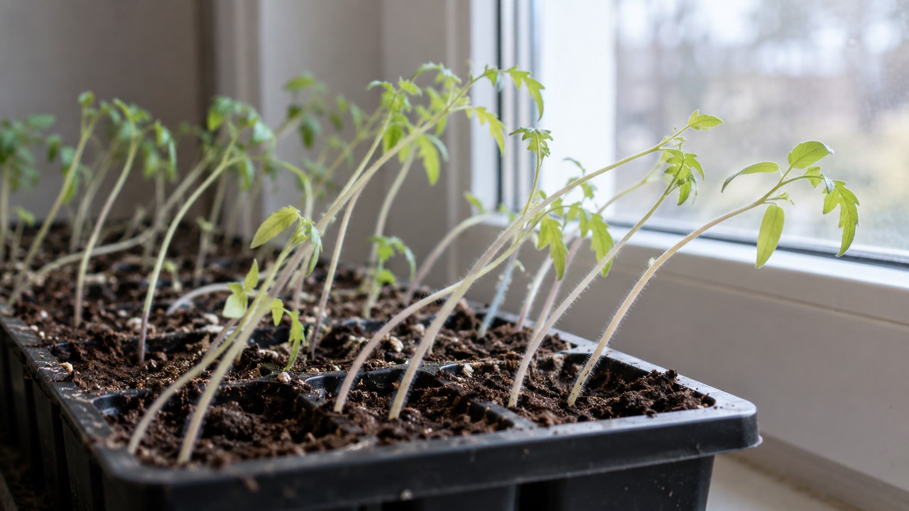 Plántulas de tomate con tallos largos y finos inclinados hacia la ventana