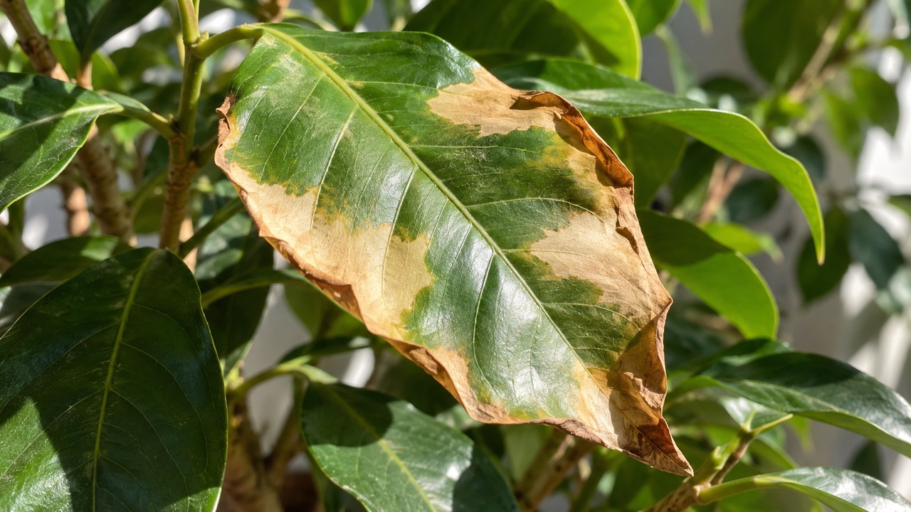 Hoja de ficus con zonas decoloradas y bordes secos por exceso de luz directa