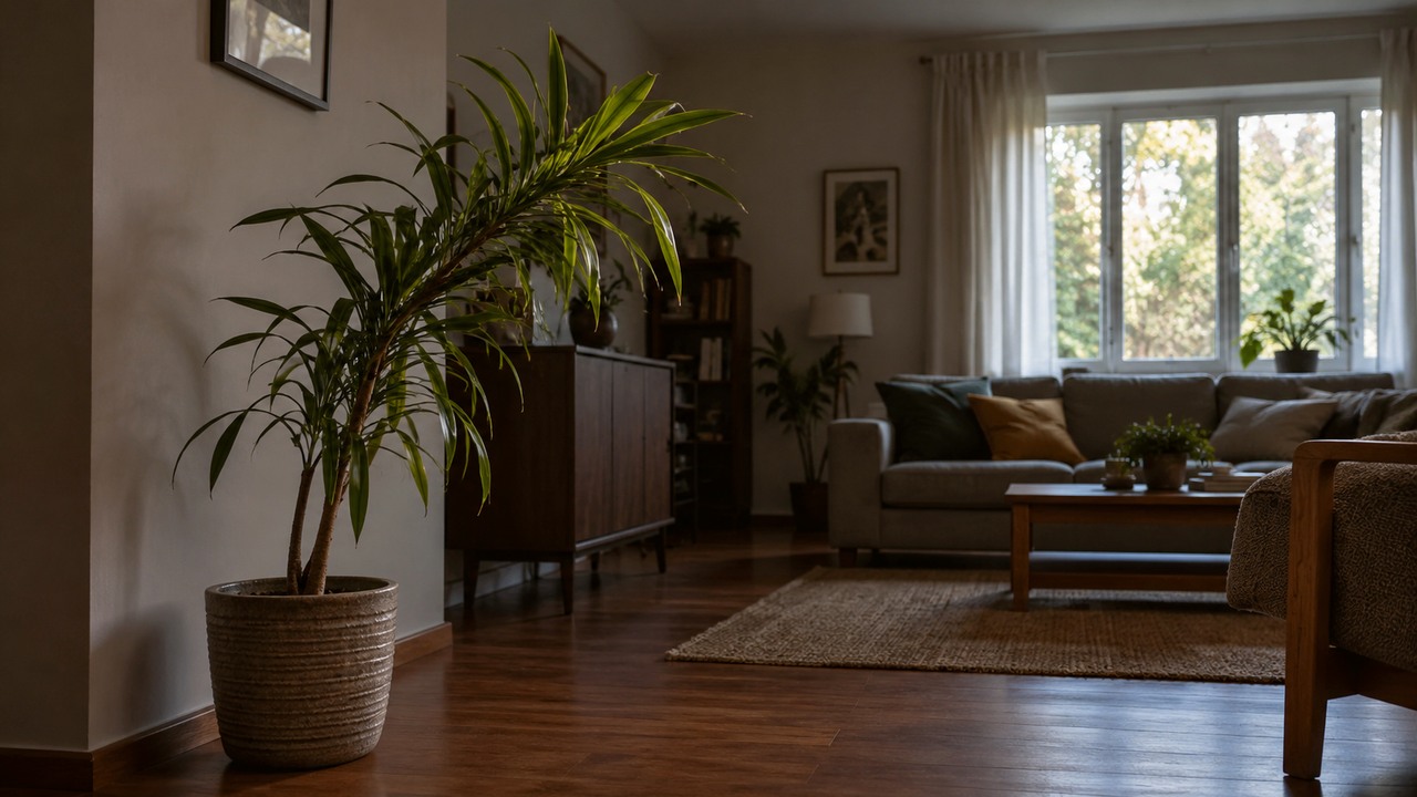 Planta de interior alejada de una ventana en una habitación con poca luz