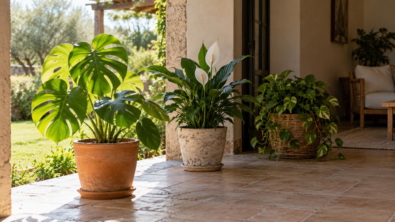 Plantas en maceta colocadas a distintas distancias de la luz exterior para aclimatarlas