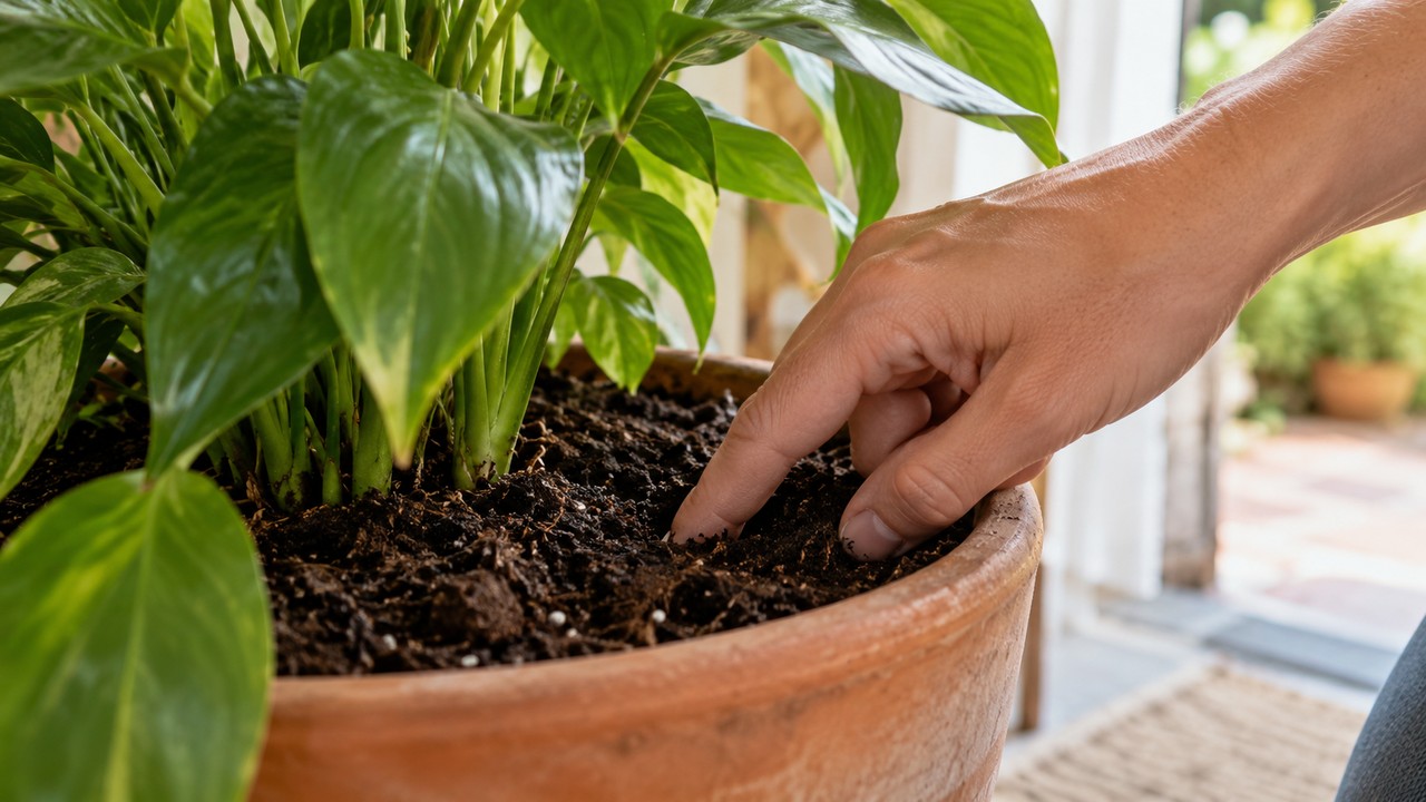 Comprobación manual de la humedad del sustrato antes de mover una planta al exterior