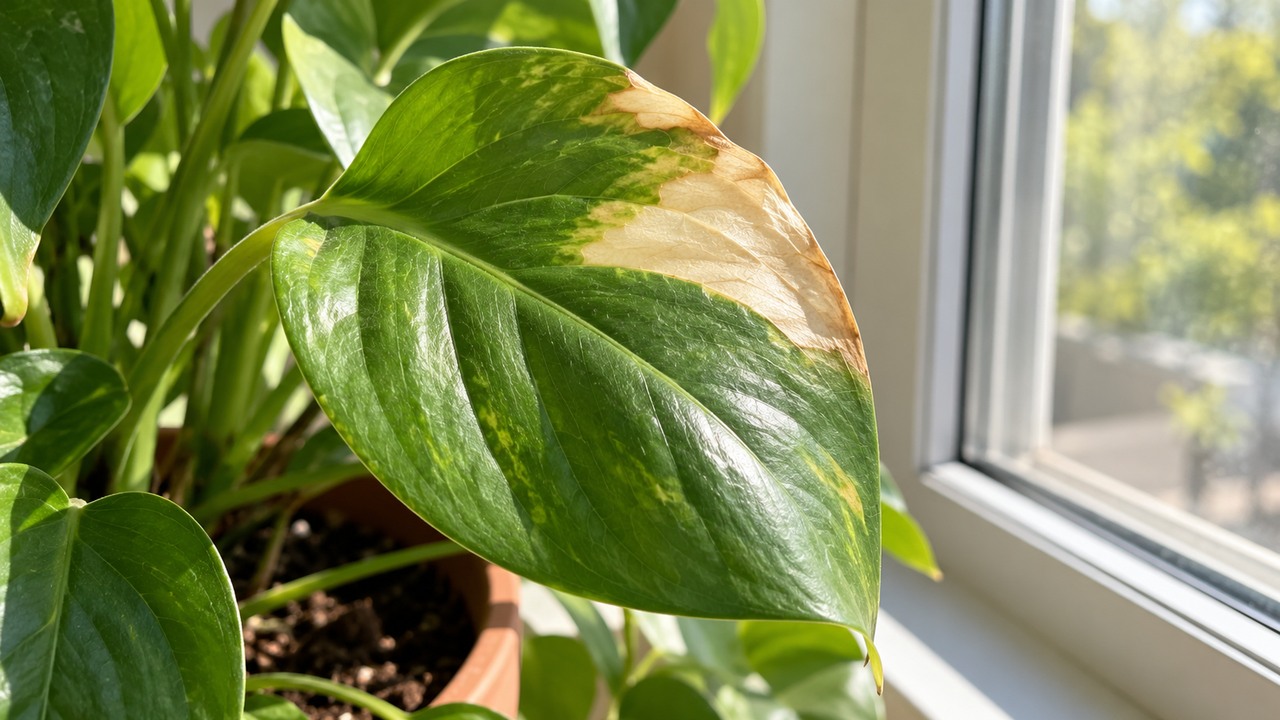 Hoja verde con una zona pálida y seca causada por exposición solar intensa