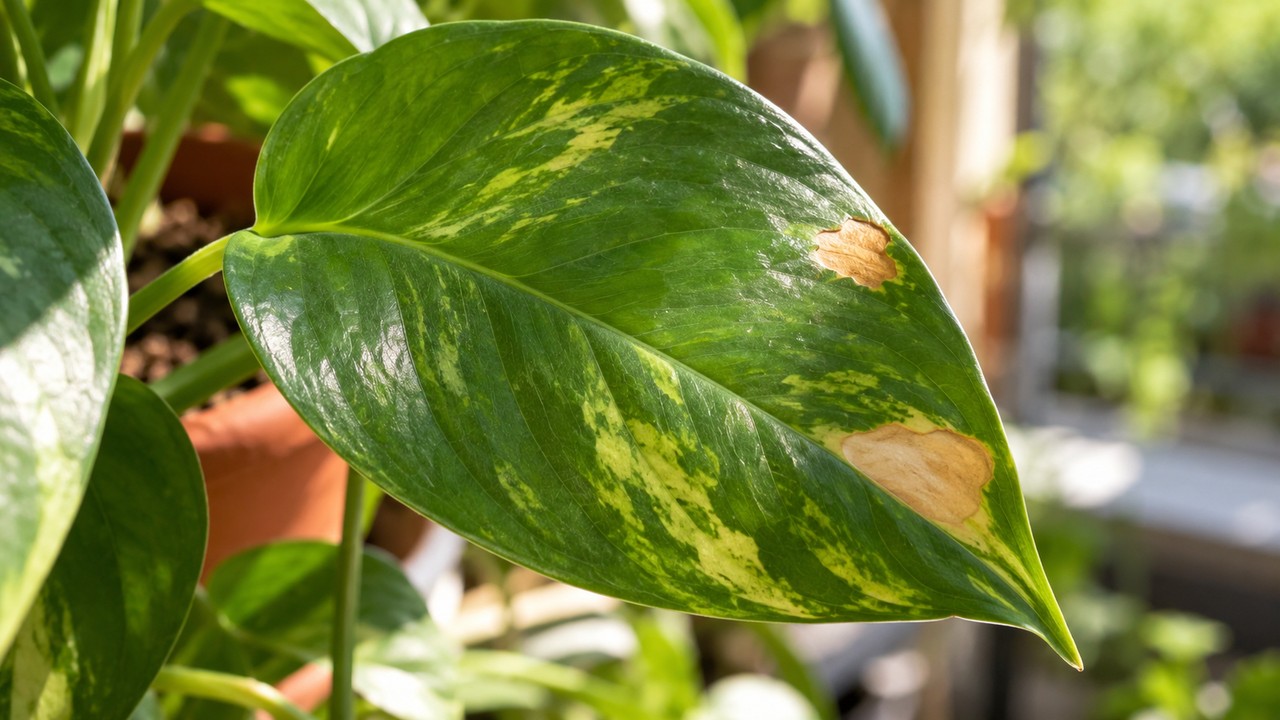Hoja verde con dos manchas pálidas recientes causadas por estrés solar