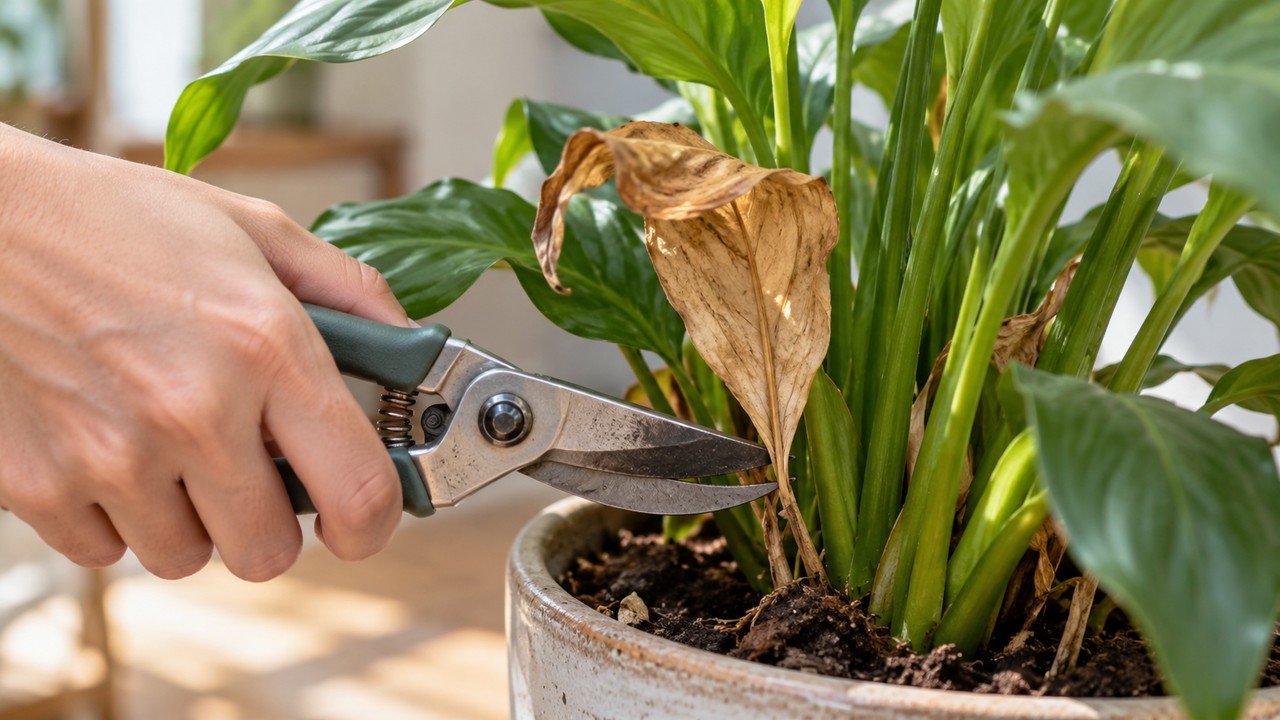 Retirada de una hoja completamente seca con tijeras de poda limpias