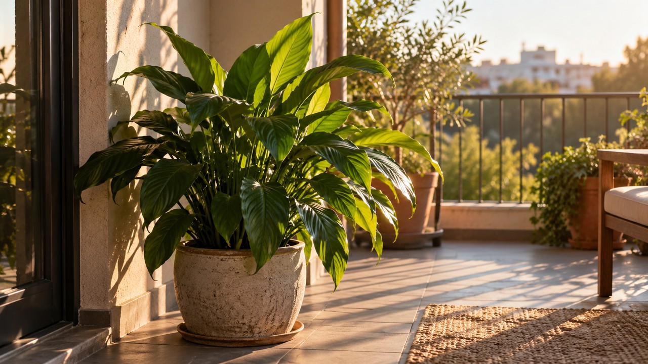 Planta en maceta recibiendo luz suave de primera hora de la mañana