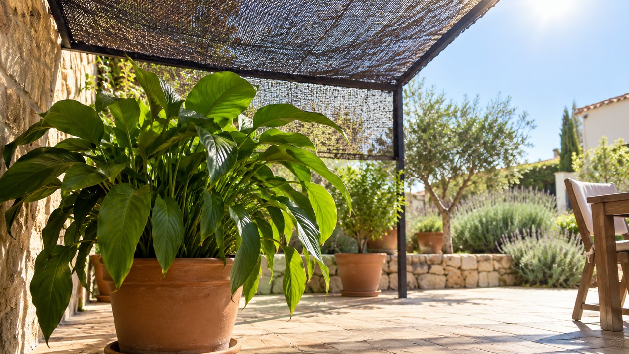 Planta en maceta protegida bajo una malla de sombra durante el sol fuerte