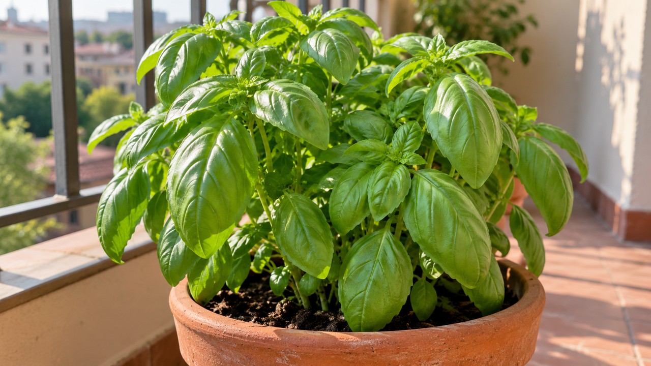 Albahaca verde y frondosa cultivada en una maceta de terracota