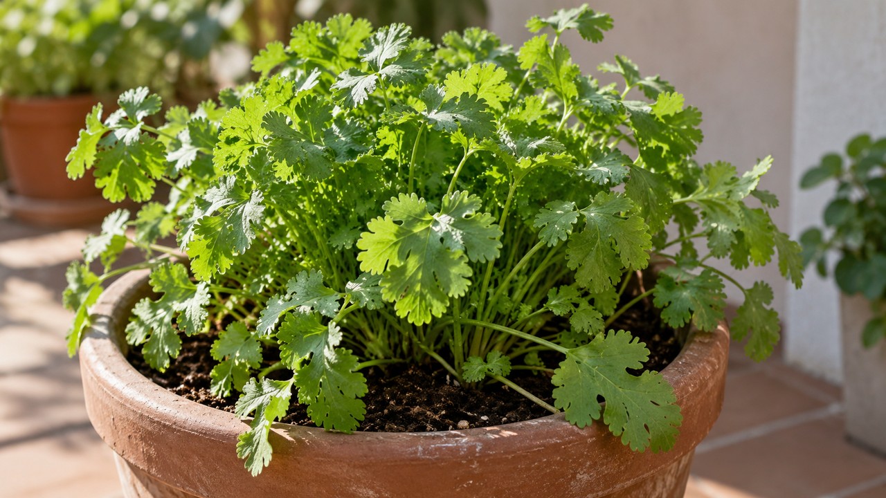 Cilantro fresco de hojas lobuladas cultivado en una maceta profunda