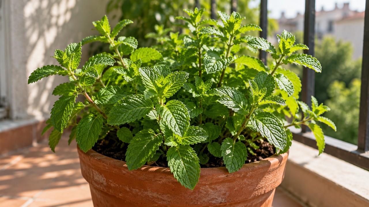 Menta fresca y vigorosa cultivada en una maceta individual