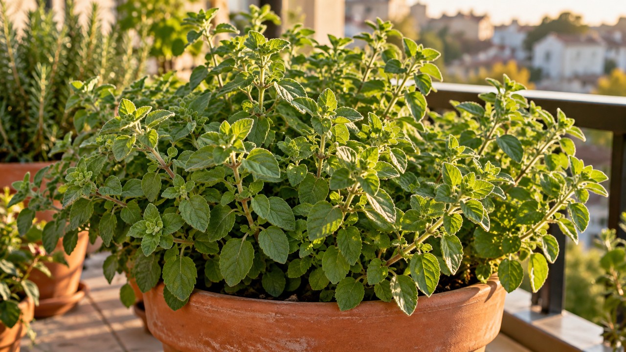 Orégano vigoroso de hojas ovaladas cultivado en una maceta de terracota