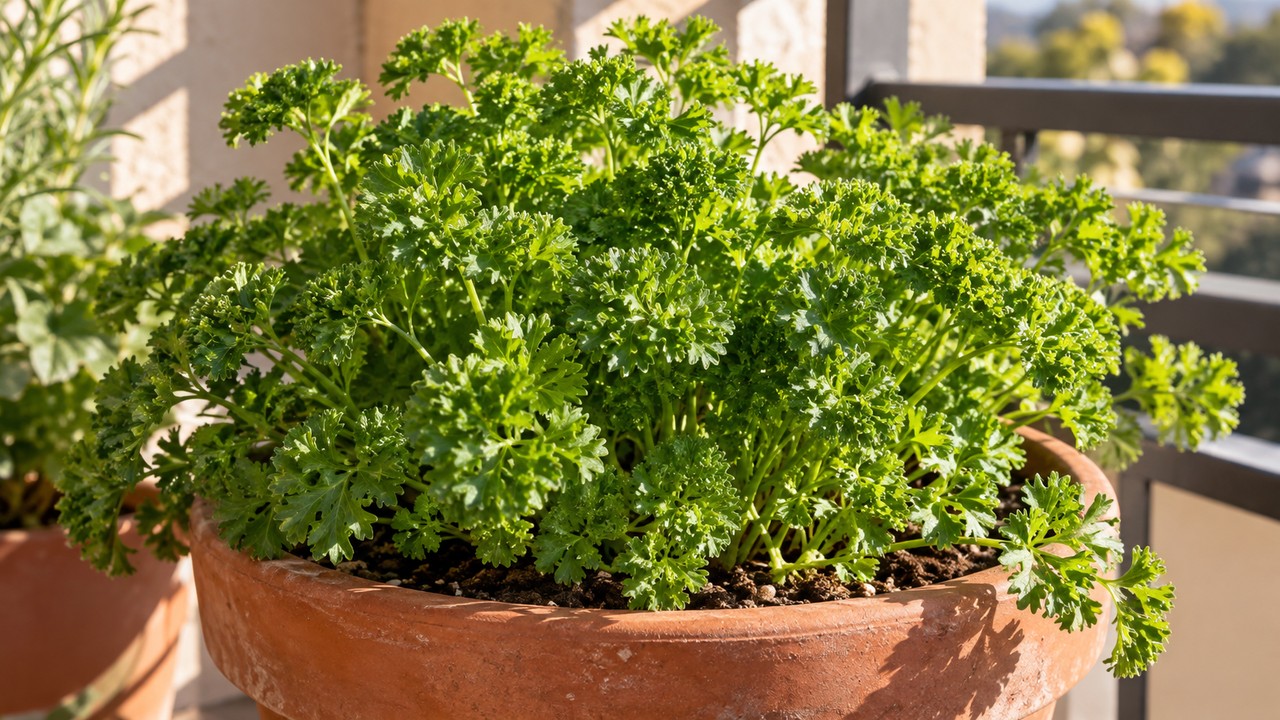 Perejil de hoja rizada frondoso cultivado en una maceta