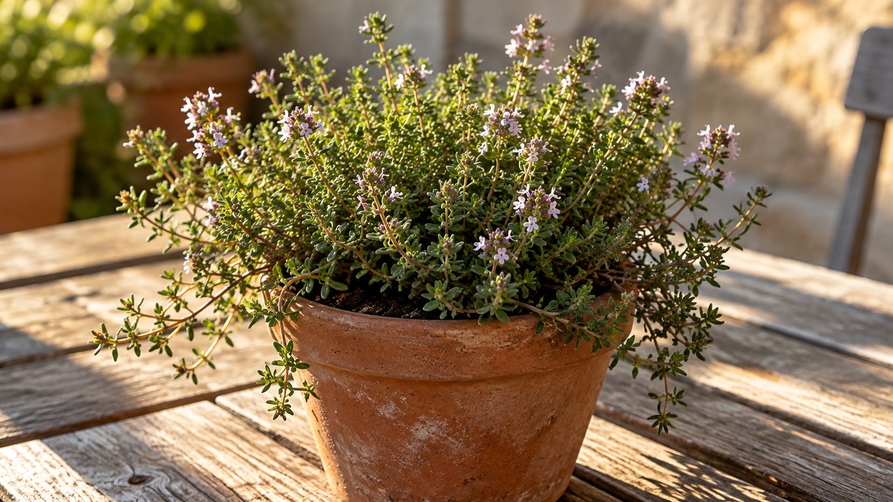 Tomillo compacto con hojas diminutas y flores discretas en maceta