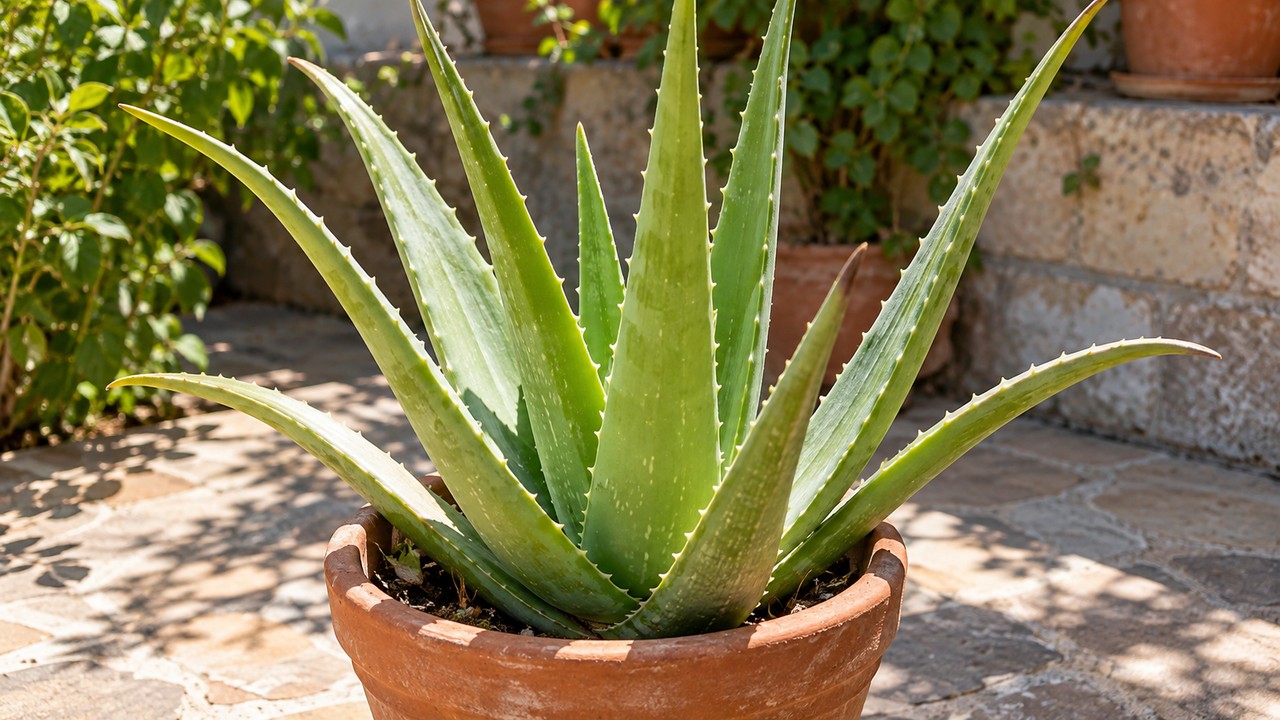Aloe vera sano aclimatado al sol en una maceta de barro