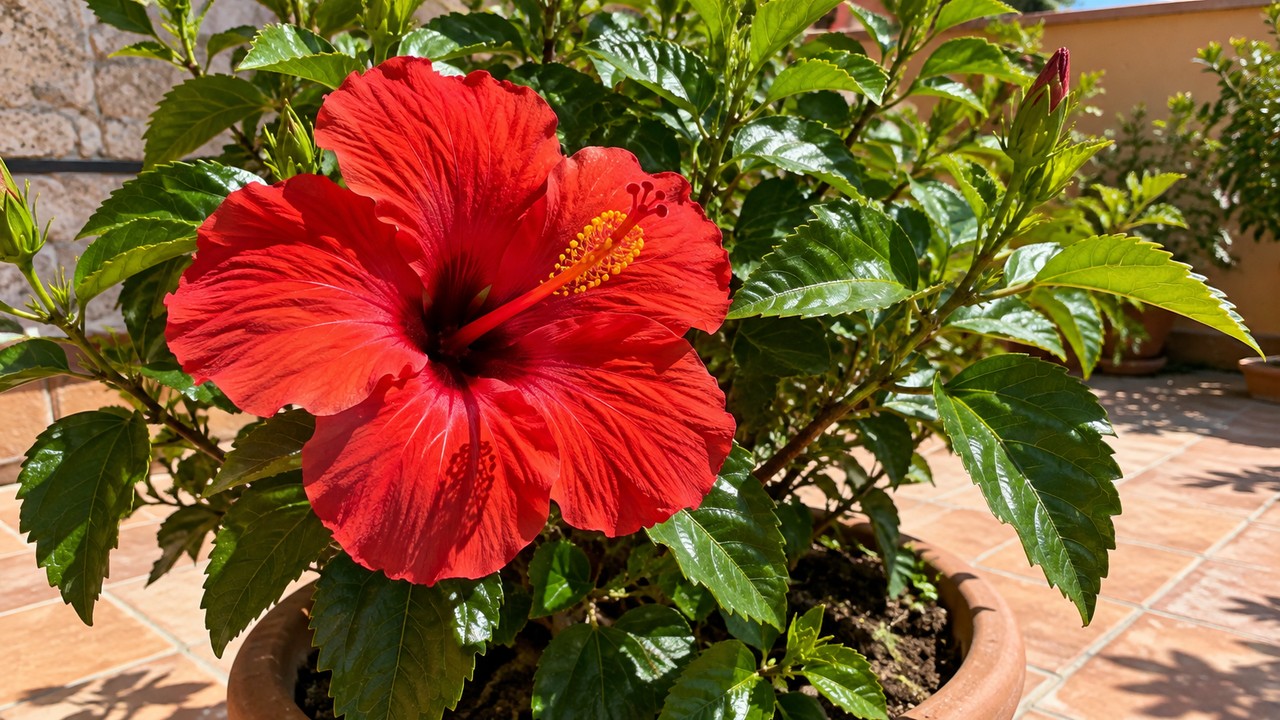 Hibisco en maceta con una gran flor roja bajo pleno sol