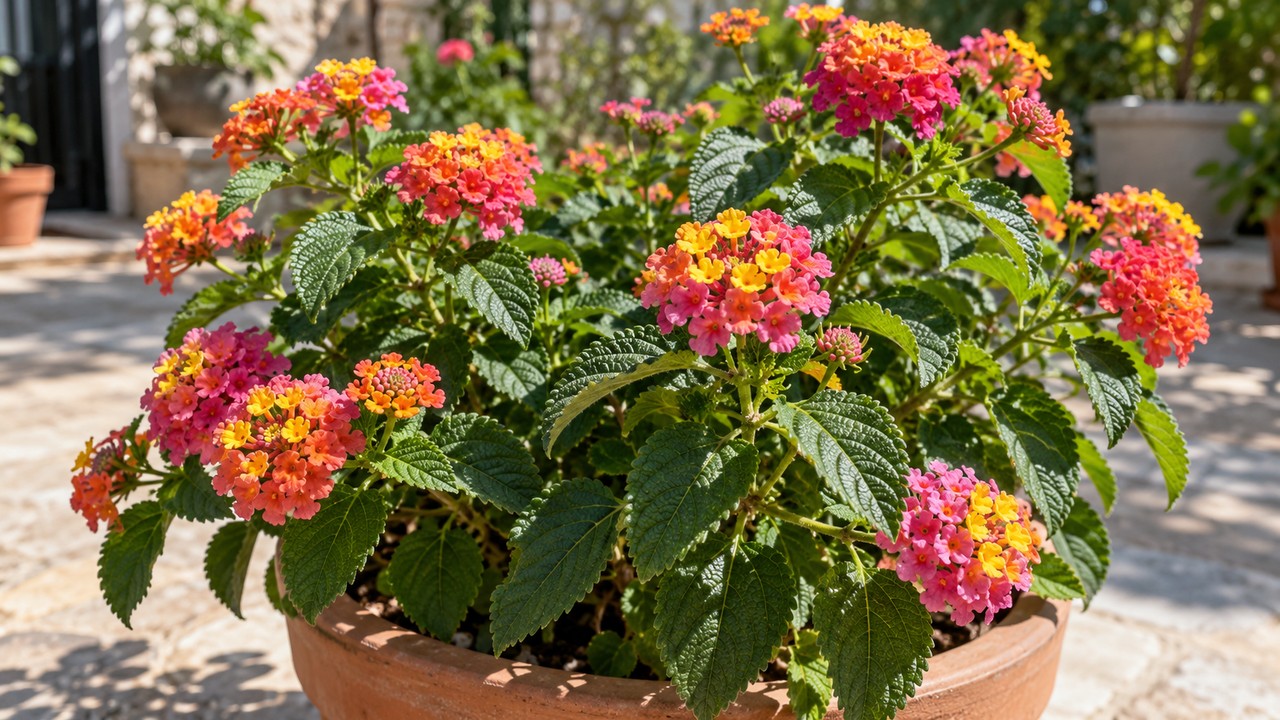 Lantana en maceta con racimos de flores rosadas naranjas y amarillas