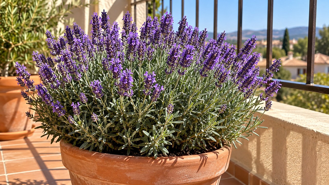 Lavanda florecida en maceta de terracota a pleno sol
