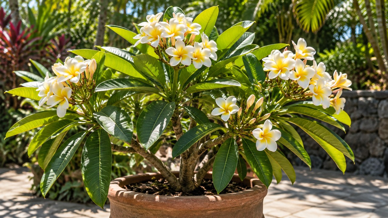 Plumeria en maceta con flores blancas de centro amarillo al sol
