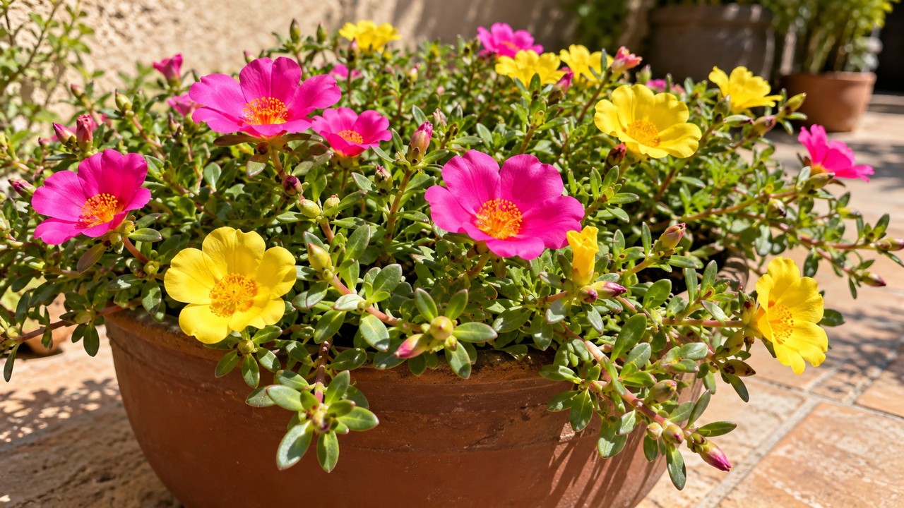 Portulaca en maceta con flores rosadas y amarillas abiertas al sol