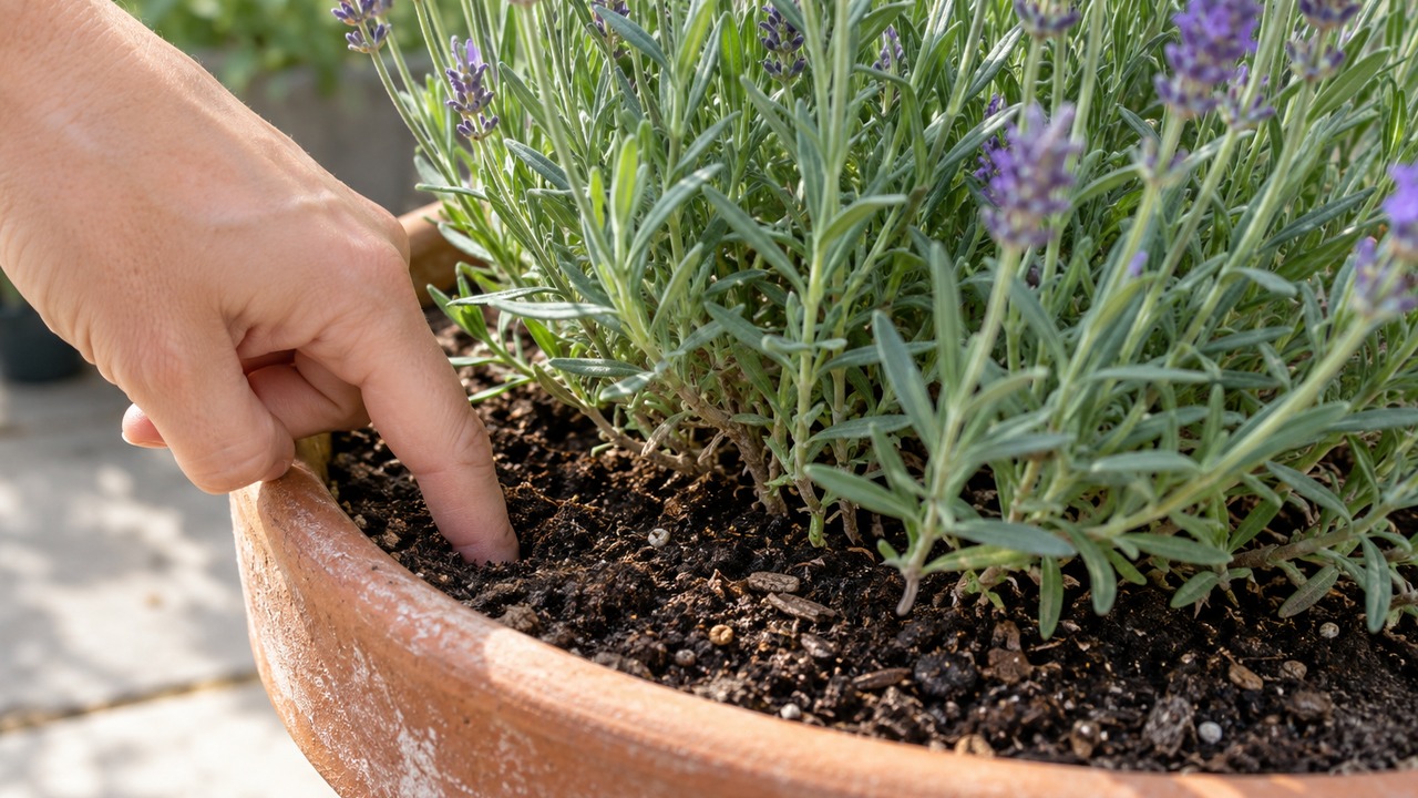 Comprobación manual de la humedad del sustrato de una lavanda