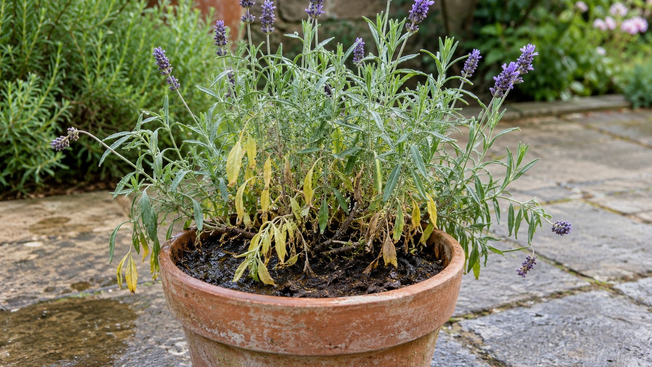 Lavanda con hojas inferiores amarillas y sustrato húmedo por exceso de agua