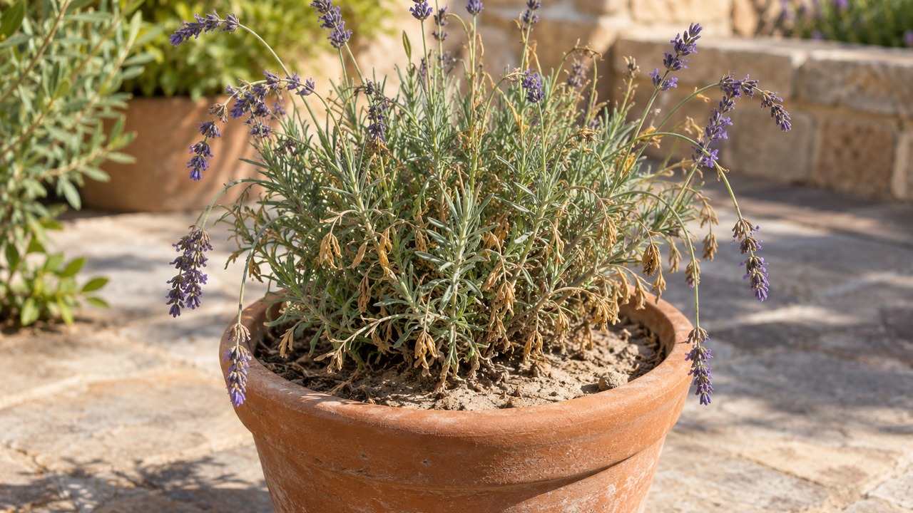 Lavanda con sustrato muy seco y tallos decaídos por falta de agua