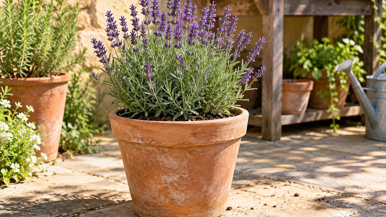 Lavanda cultivada en una maceta porosa de terracota