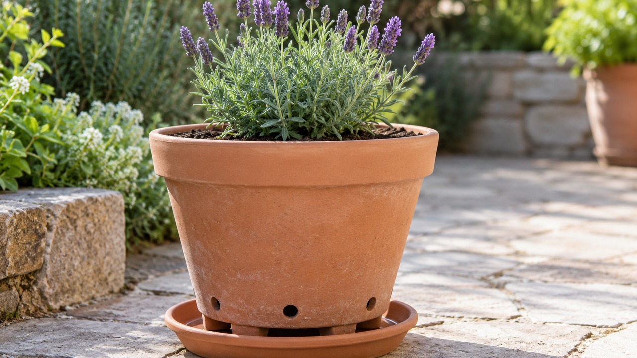 Lavanda en una maceta amplia con orificios de drenaje y pies elevados