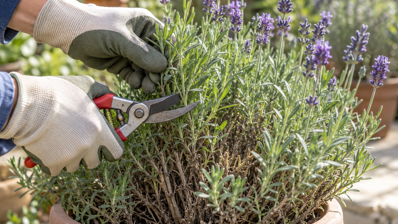 Poda ligera de los tallos verdes de una lavanda sin cortar la base leñosa