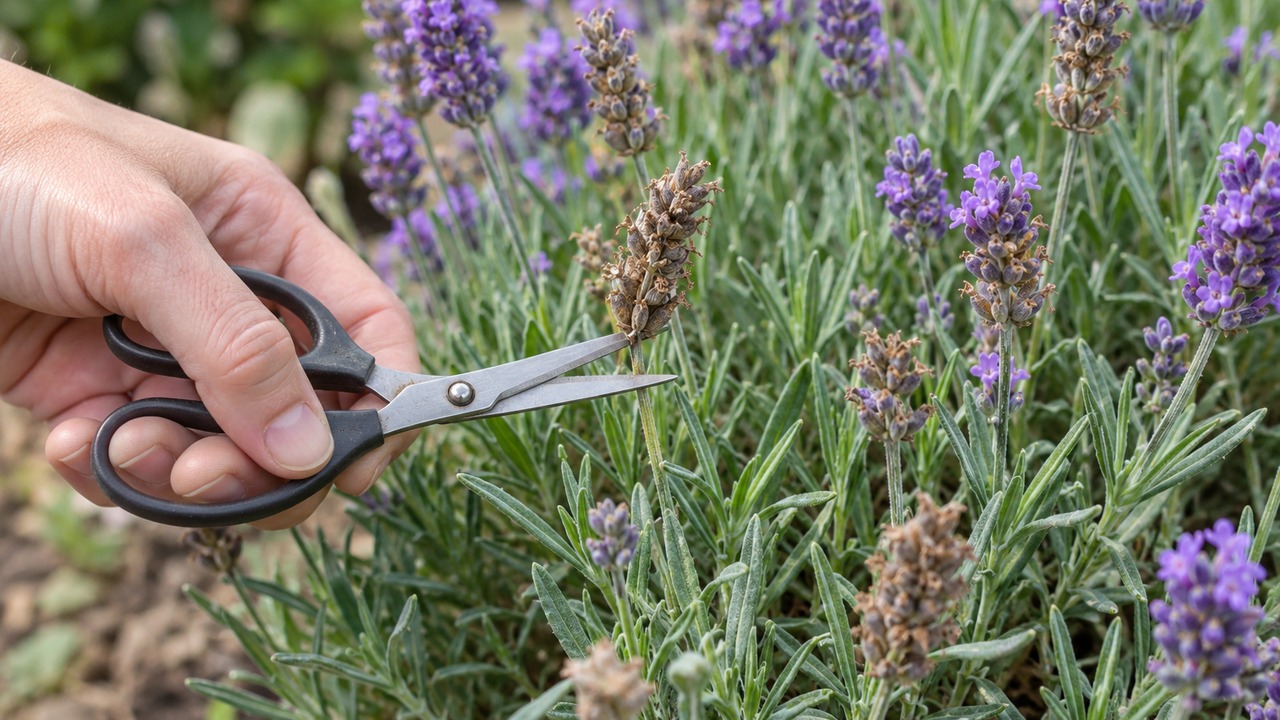 Retirada de una espiga floral seca de lavanda sobre follaje sano