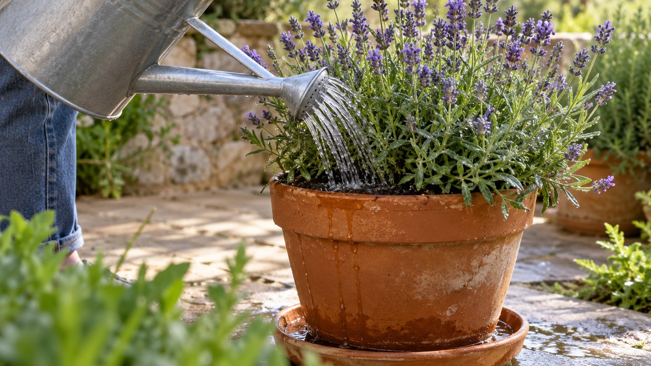 Riego profundo de una lavanda en maceta hasta que el agua drena