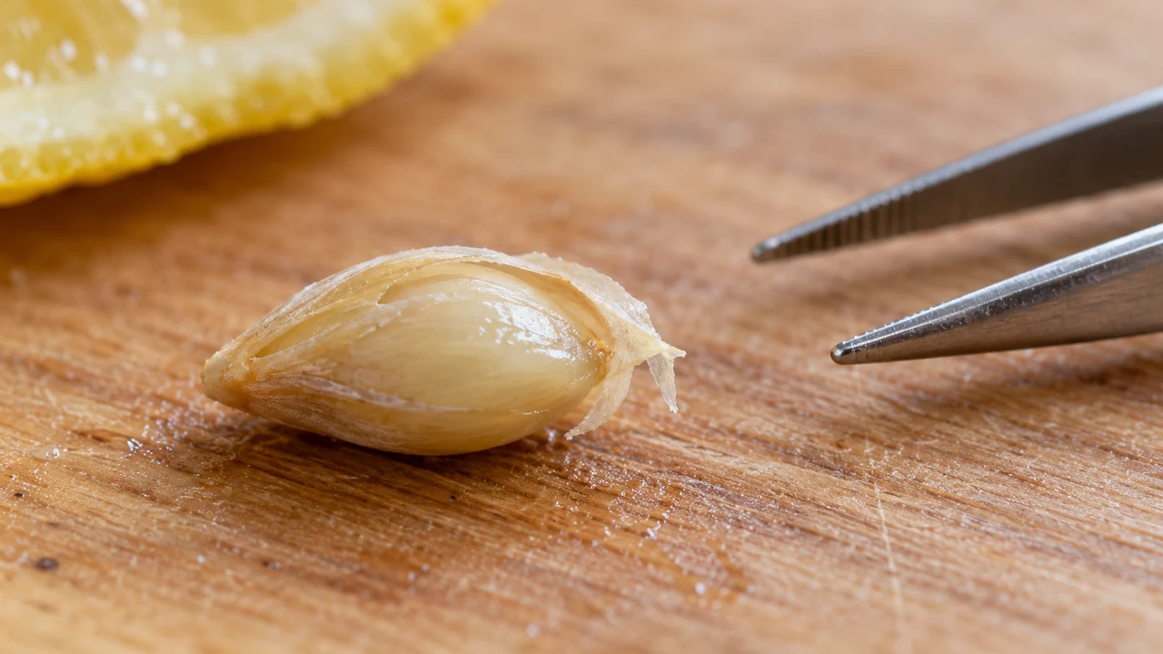 Semilla de limón con la cubierta exterior parcialmente aflojada