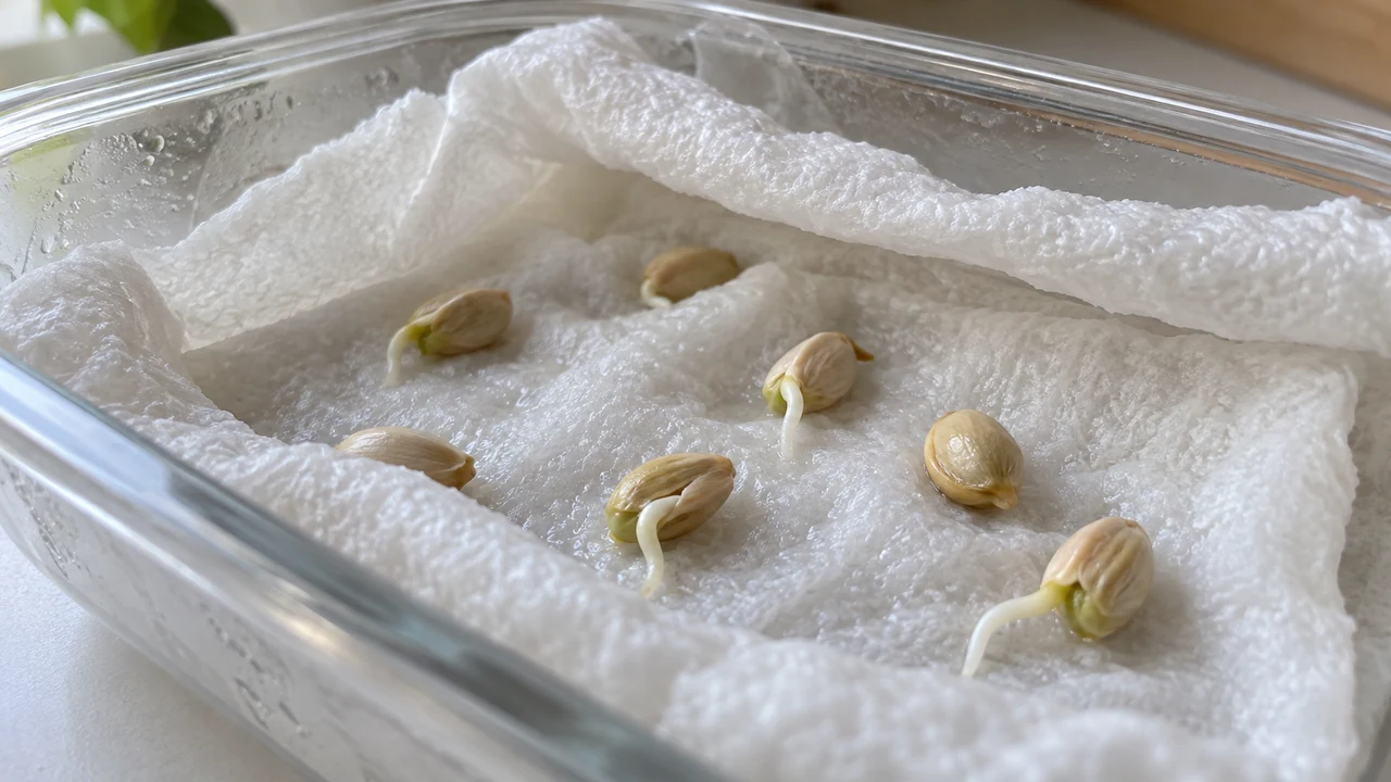 Semillas de limón con raíces nuevas germinando sobre papel húmedo