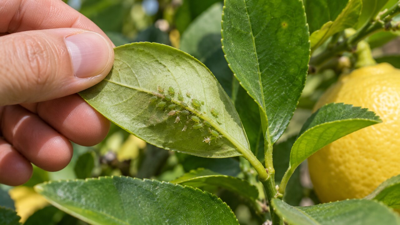 Inspección de pulgones verdes en el envés de una hoja de limonero