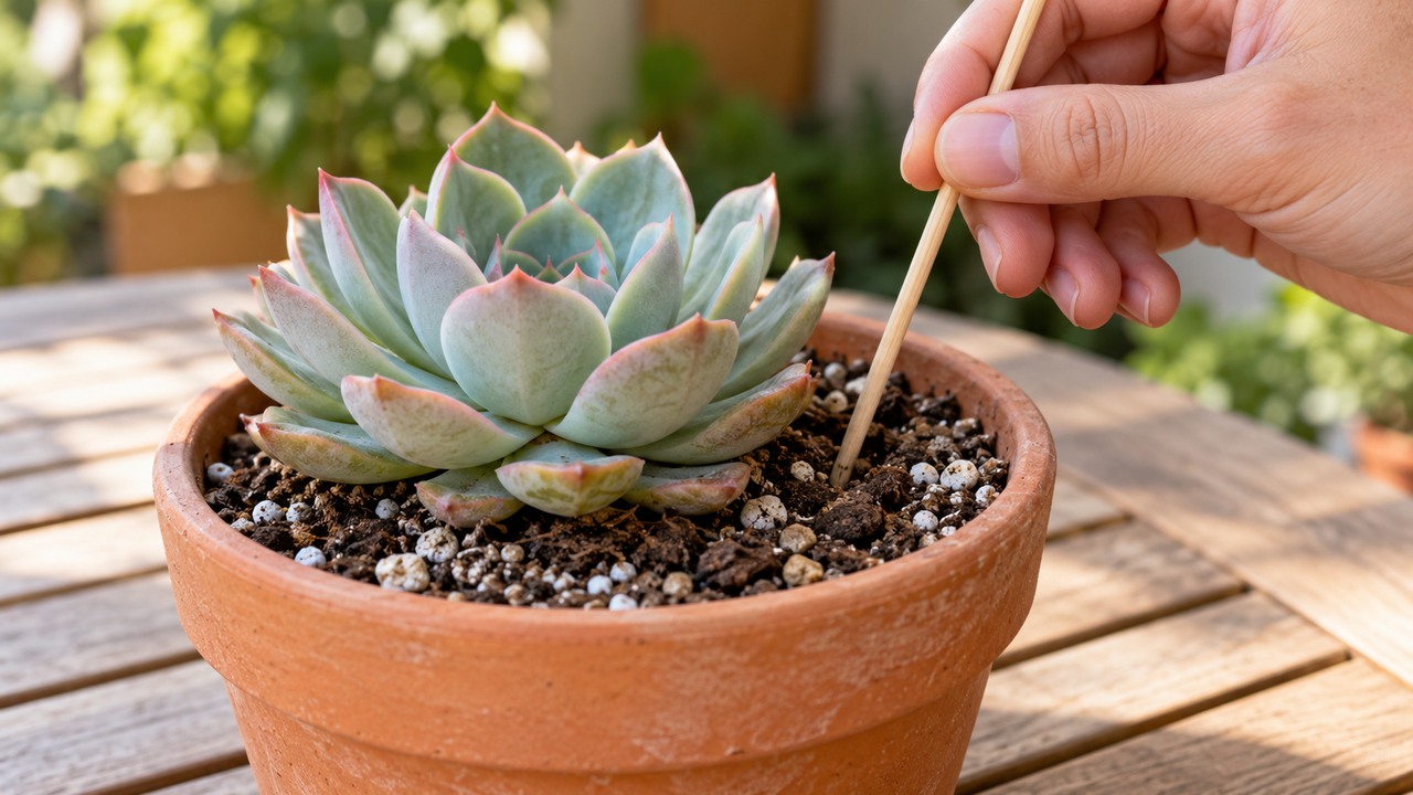 Comprobación de la humedad del sustrato con un palillo junto a una Echeveria