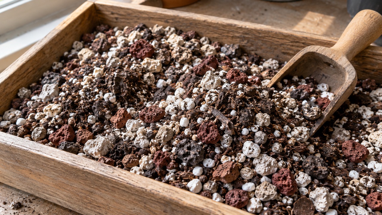 Mezcla seca y aireada con piedra volcánica, perlita y materia orgánica para suculentas