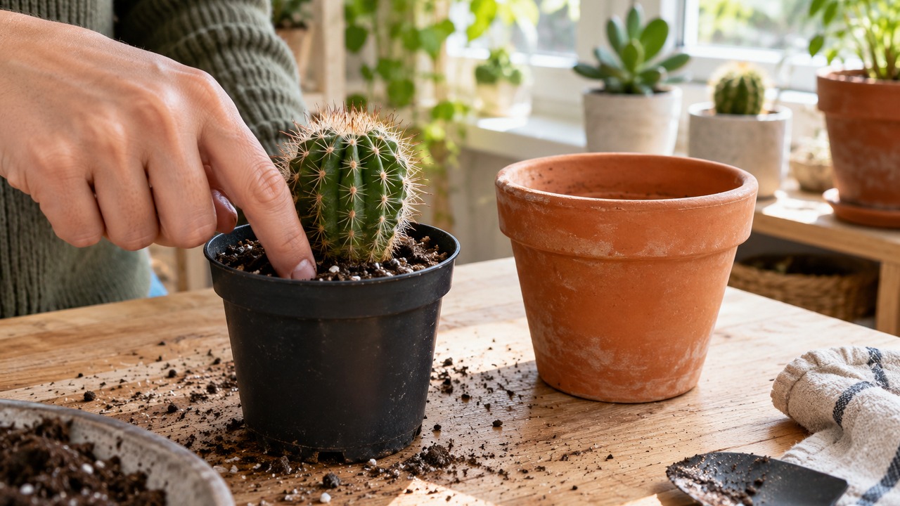 Comprobación de la humedad de un cactus recién comprado antes de regarlo