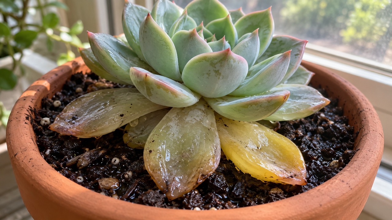 Echeveria con hojas inferiores translúcidas y blandas por exceso de agua