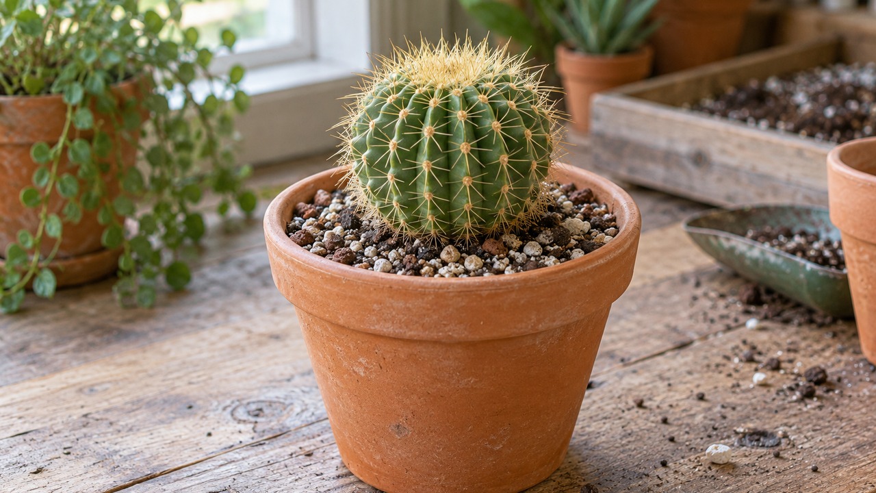 Cactus en maceta de barro con una mezcla mineral de drenaje rápido