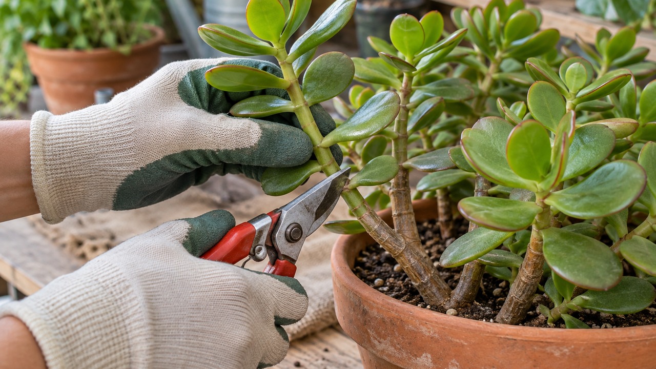 Corte limpio de un tallo de planta jade para obtener un esqueje