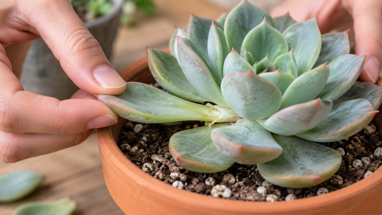 Manos retirando una hoja sana de Echeveria desde la base para propagarla