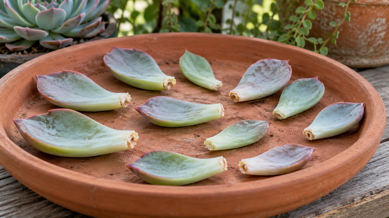Hojas de echeveria separadas y secándose antes de propagarlas