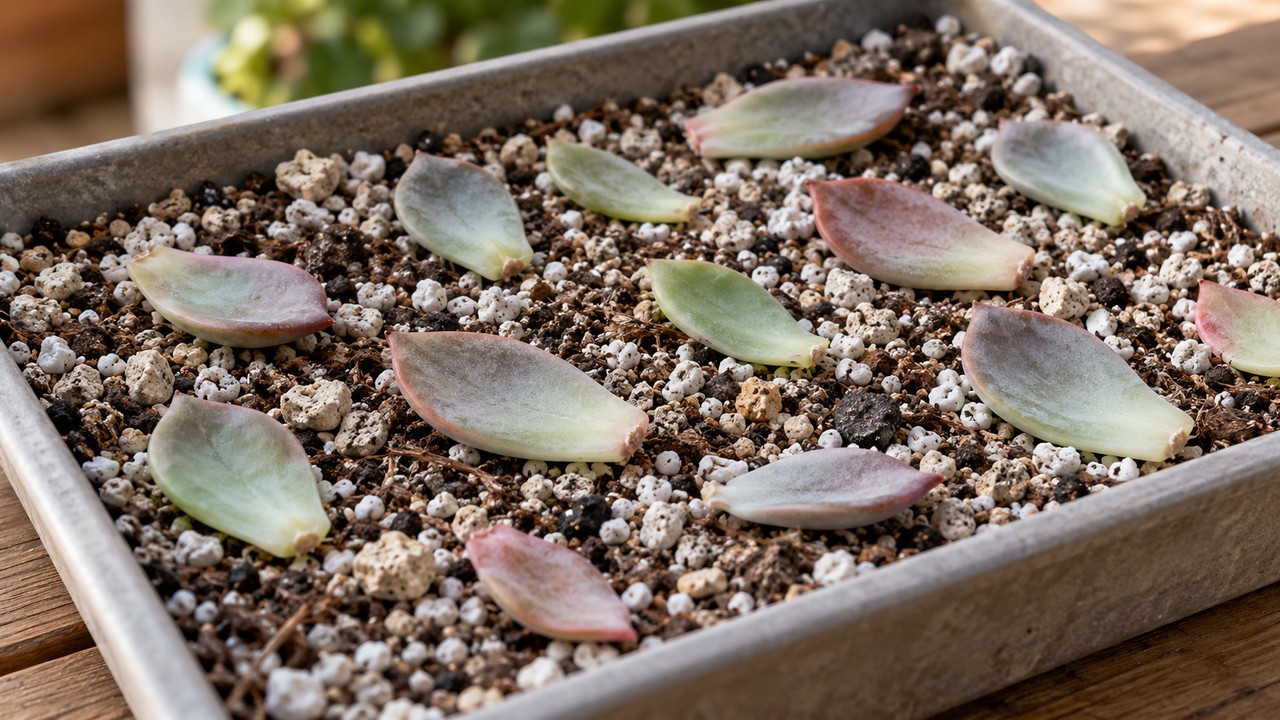 Hojas de echeveria separadas sobre sustrato mineral aireado para propagación