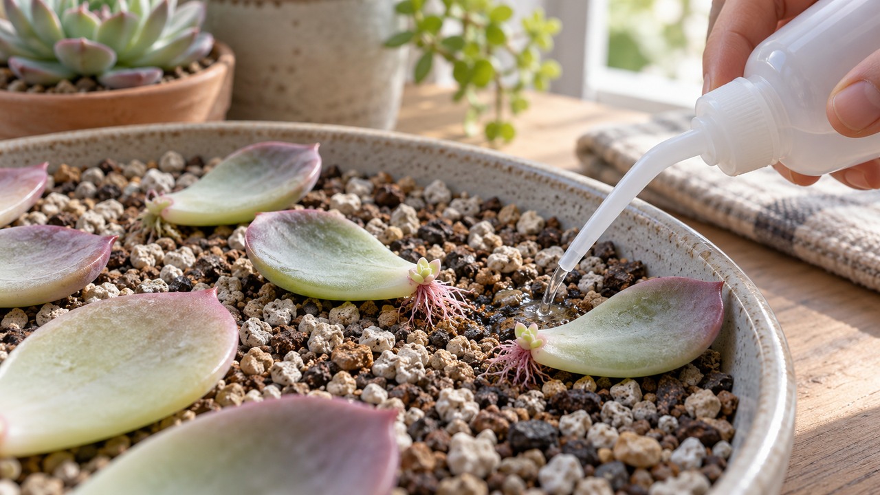 Hojas de Echeveria con raíces finas recibiendo humedad localizada en el sustrato