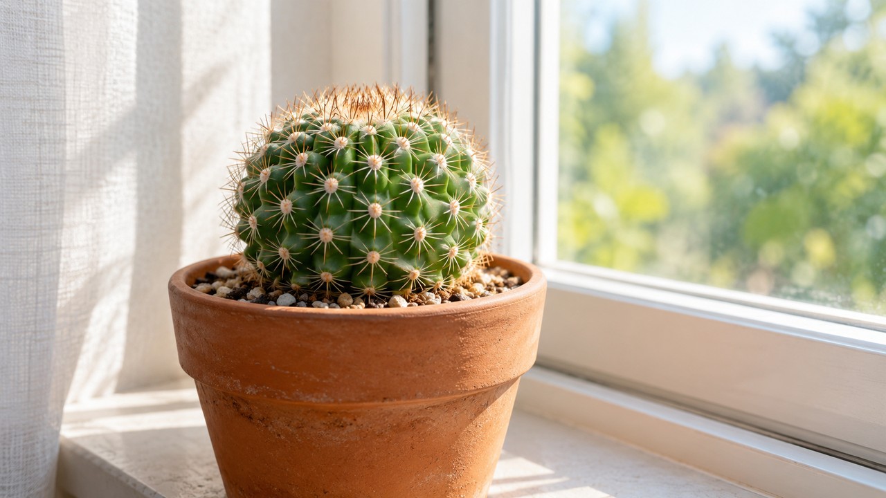 Cactus globular de crecimiento compacto junto a una ventana luminosa