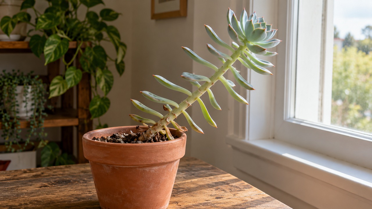 Suculenta Echeveria etiolada con tallo alargado inclinándose hacia una ventana