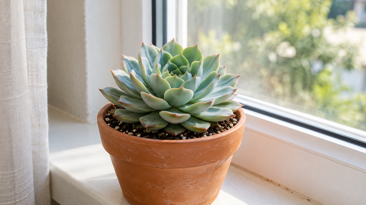 Suculenta compacta situada junto a una ventana con luz natural abundante